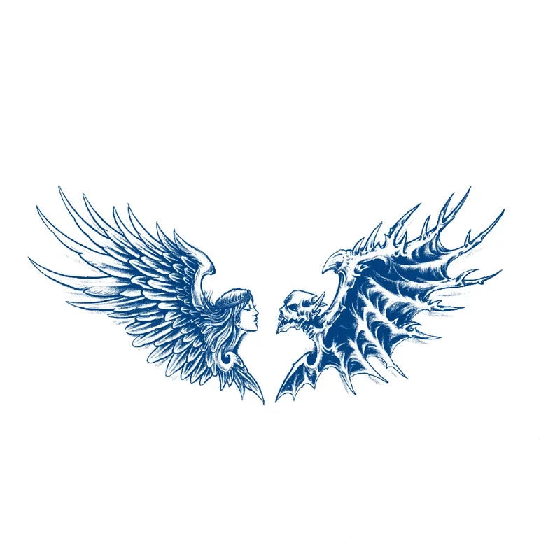 Blue tattoo design of an angel and a dragon with dimensions on a white background
