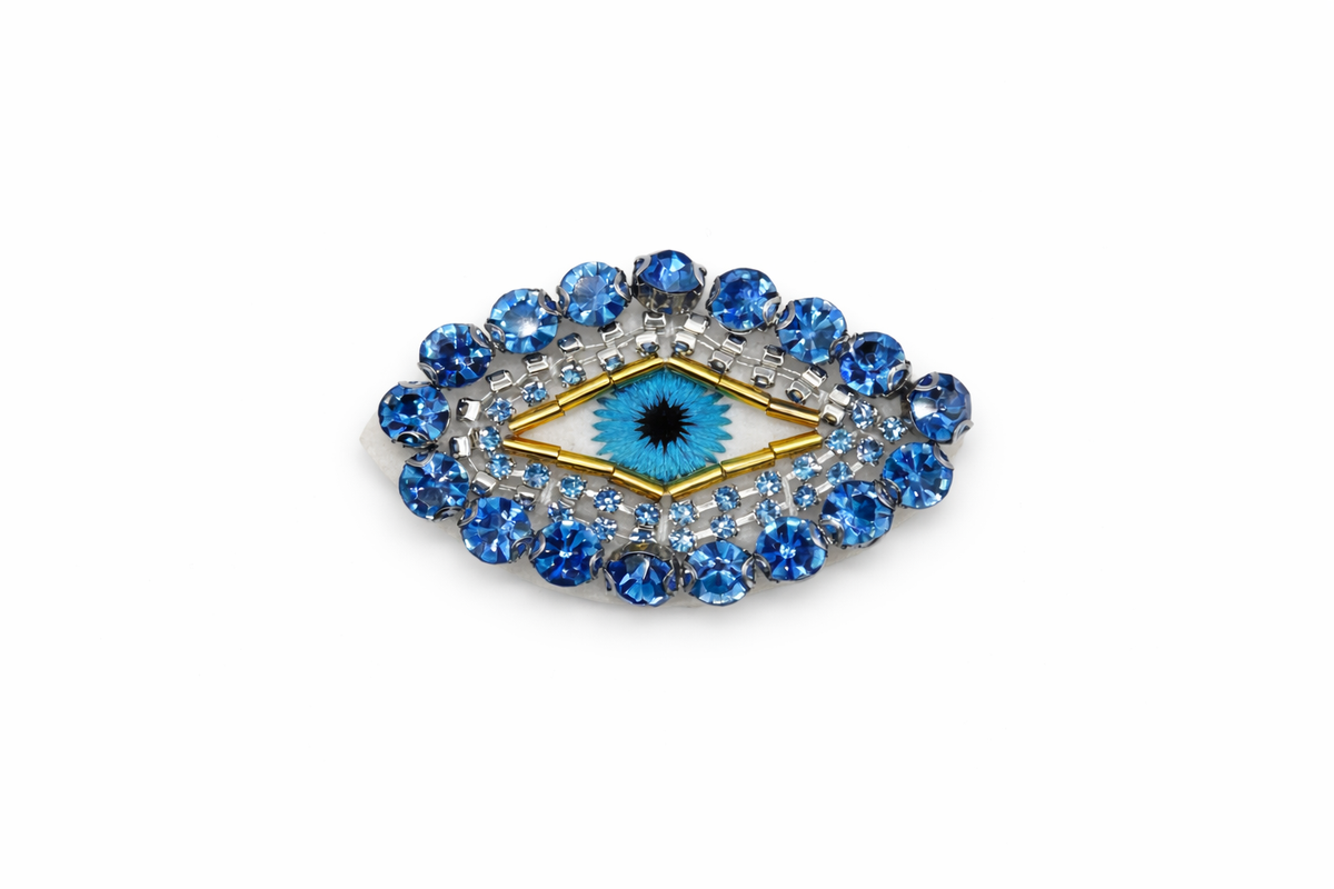 Hand-Sewn Beaded Evil Eye Brooch Blue Petit Détail Lebanon