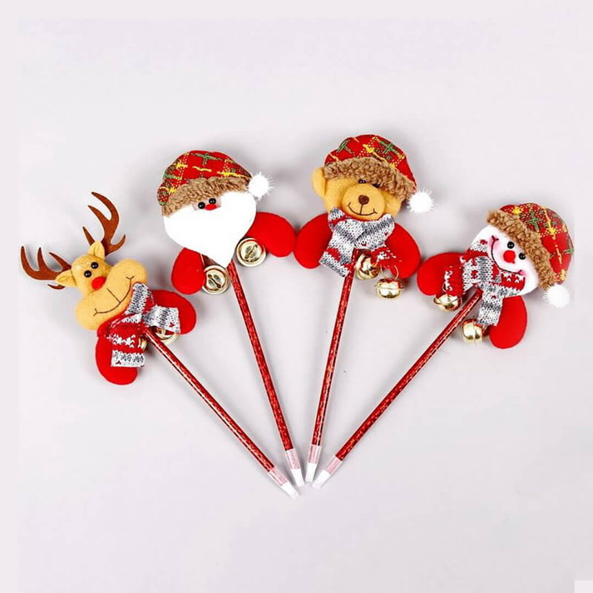 Handmade Christmas pens with festive character and jingle bell on top