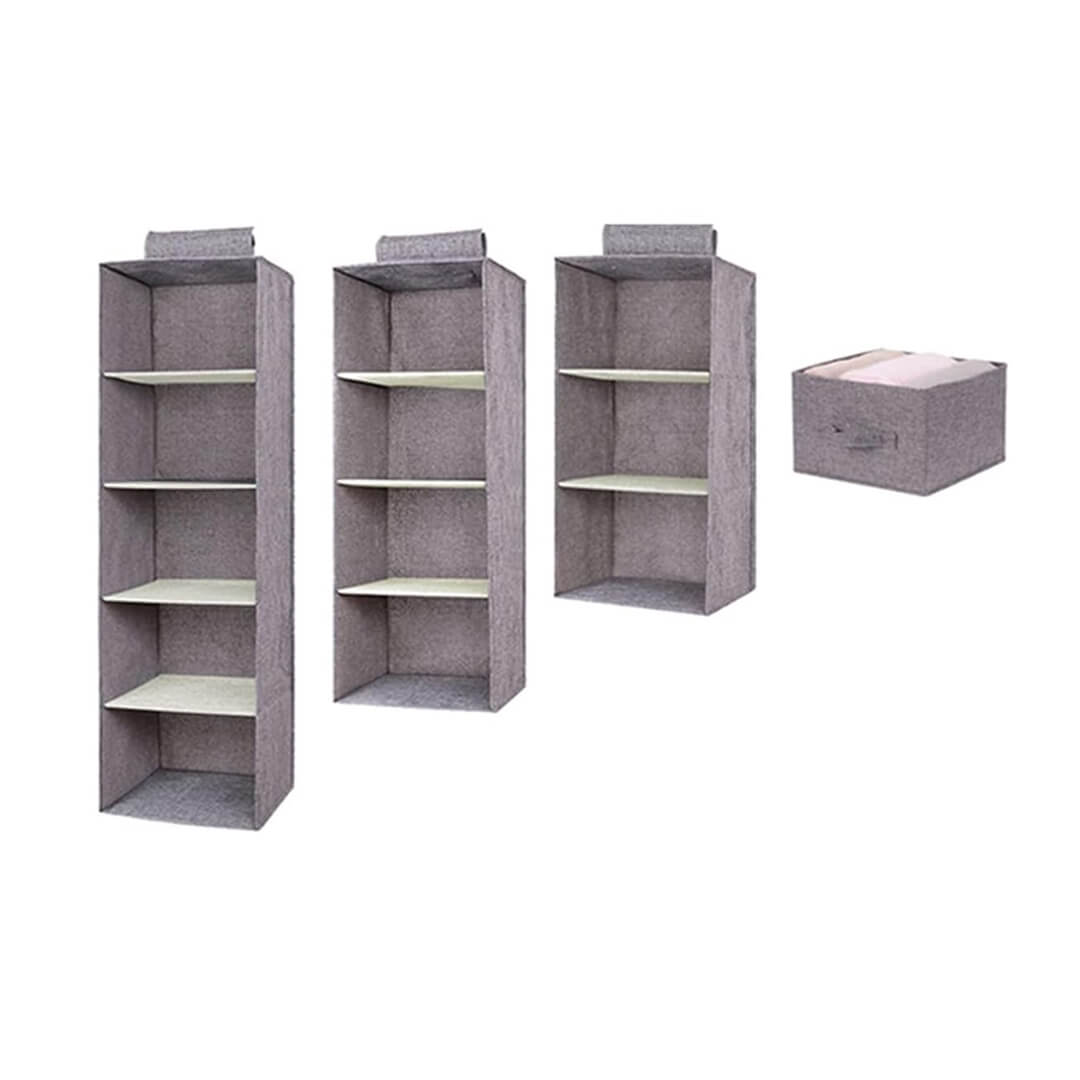 Grey fabric hanging closet organizer with 3, 4 and 5 layers with drawers