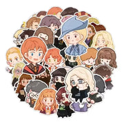 Collection of cartoon character stickers arranged in a circular pattern on a white background.