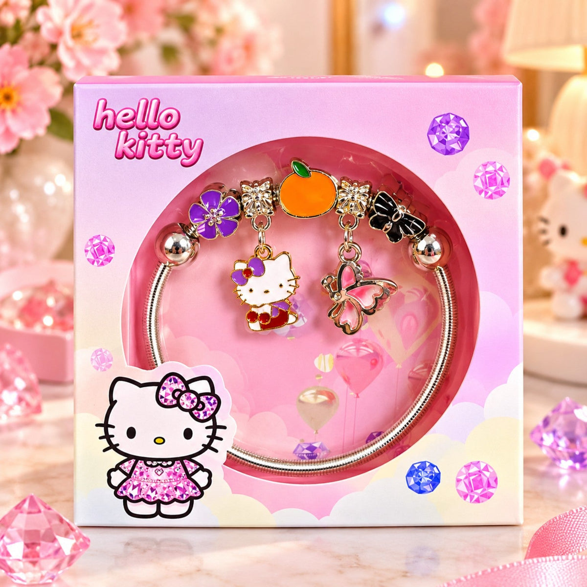 Orange charm Hello Kitty bracelet in pink gift box