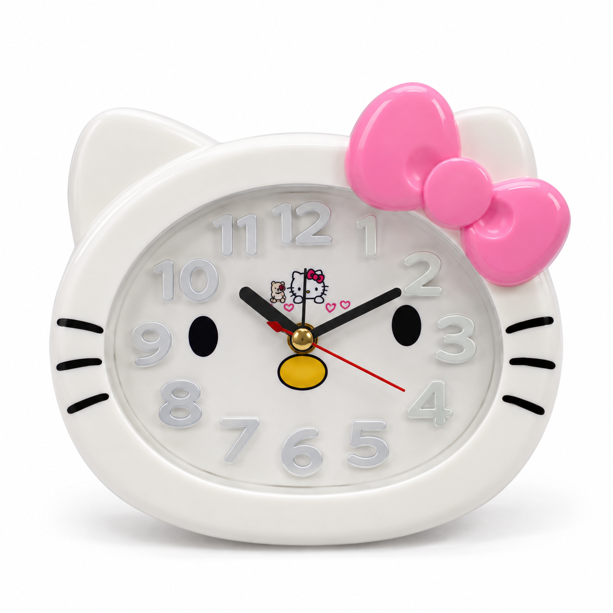 Hello Kitty face shaped analog clock with pink bow