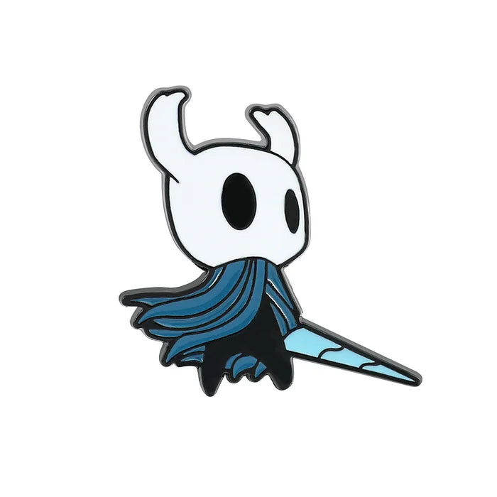 Cartoon character with white face, black eyes, and blue hair on a white background