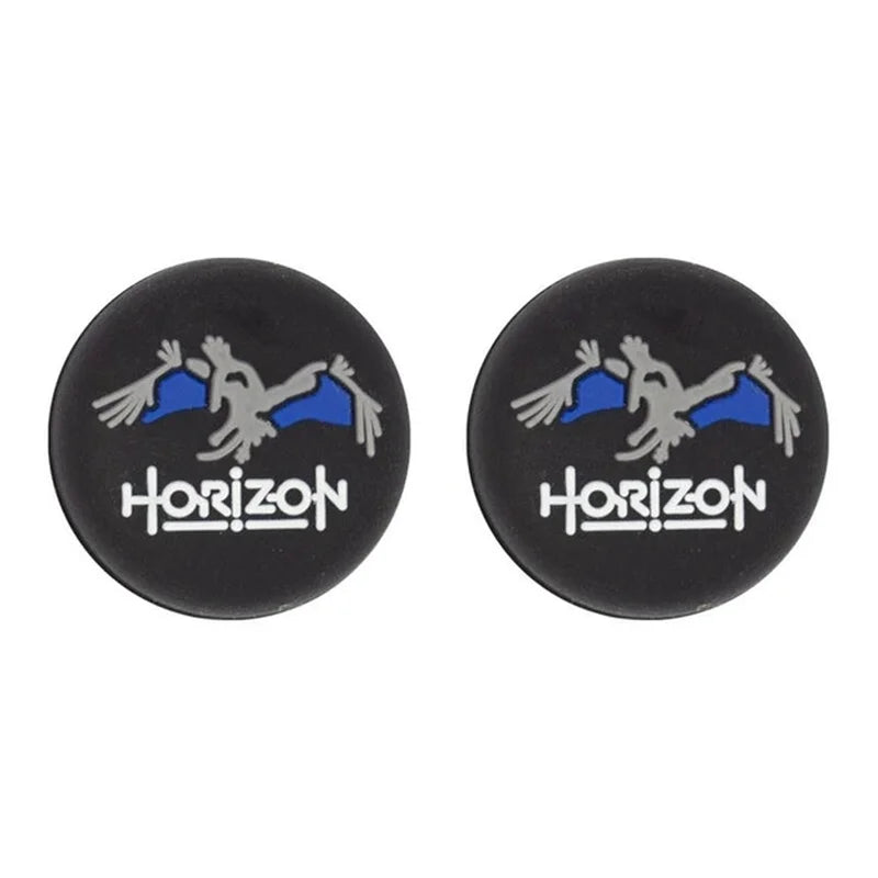 Two black round stickers with 'Horizon' logo on a white background