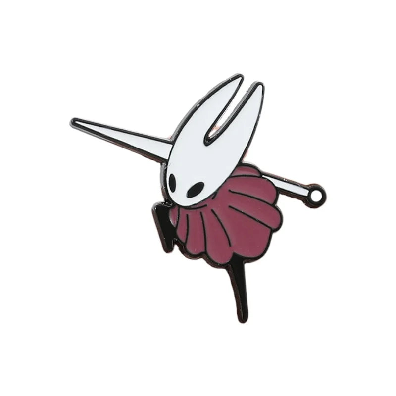 Pin with a stylized face and red skirt on a white background
