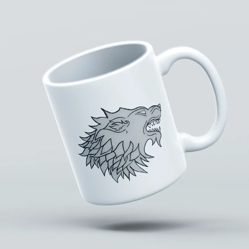 White mug with a wolf head design on a light gray background