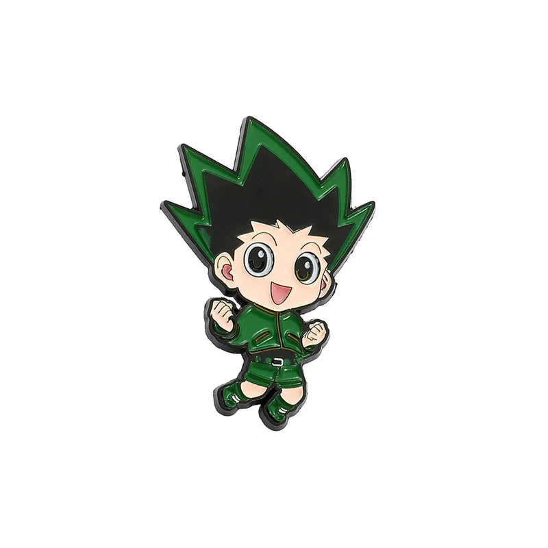 Character pin with green hair and outfit on a white background