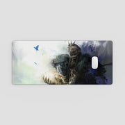 Phone case with fantasy design featuring a dragon and butterflies on a light gray background