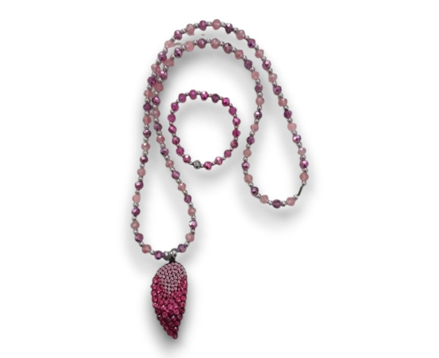 Pink Leaf Crystal Necklace And Bracelet Set