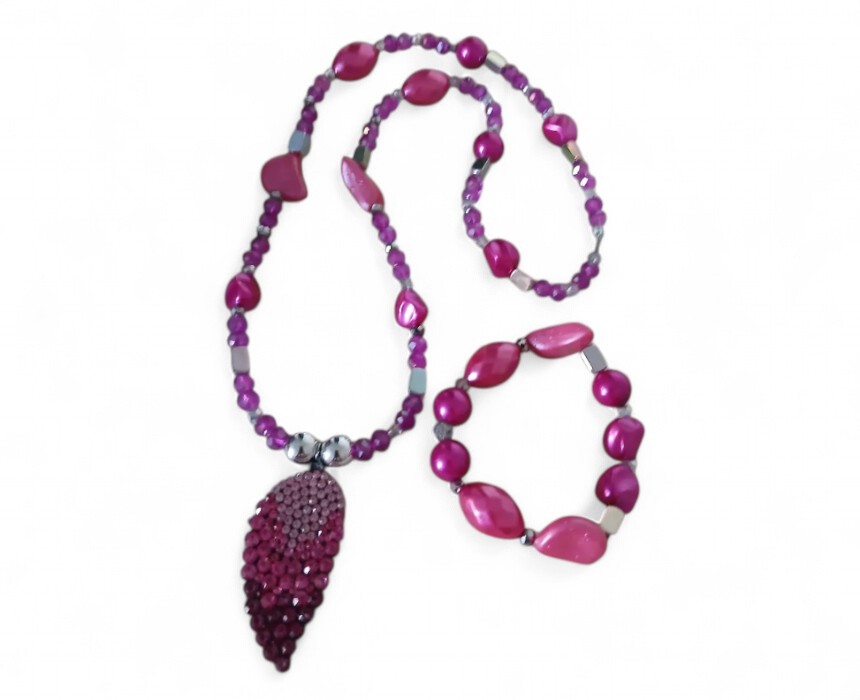 Pink Leaf Crystal Necklace And Bracelet Set