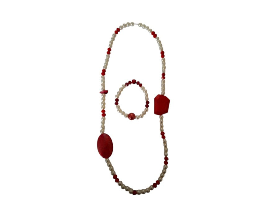 The Red and White Pearls Handmade Necklace Bracelet Set