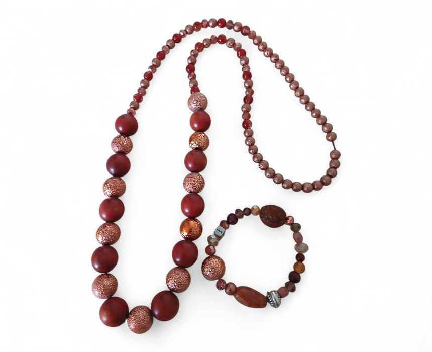 Bronze Wooden Women's Handmade Necklace Bracelet Set