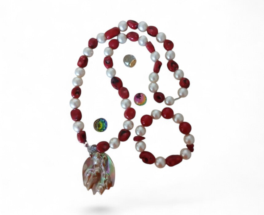 Red and Pearls Handmade Necklace and Bracelet