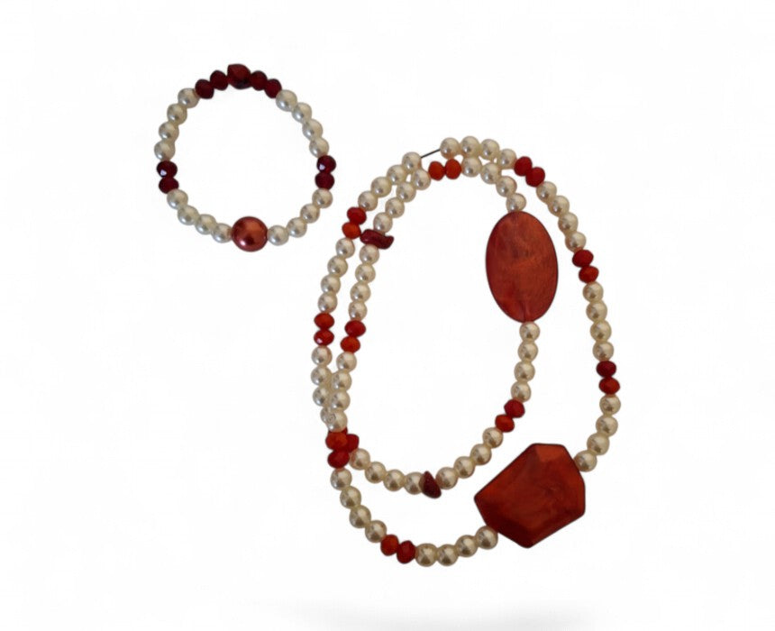 The Red and White Pearls Handmade Necklace Bracelet Set