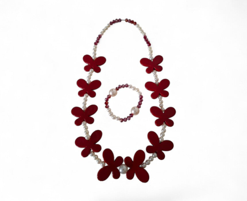 Red Flower Necklace and Bracelet Set