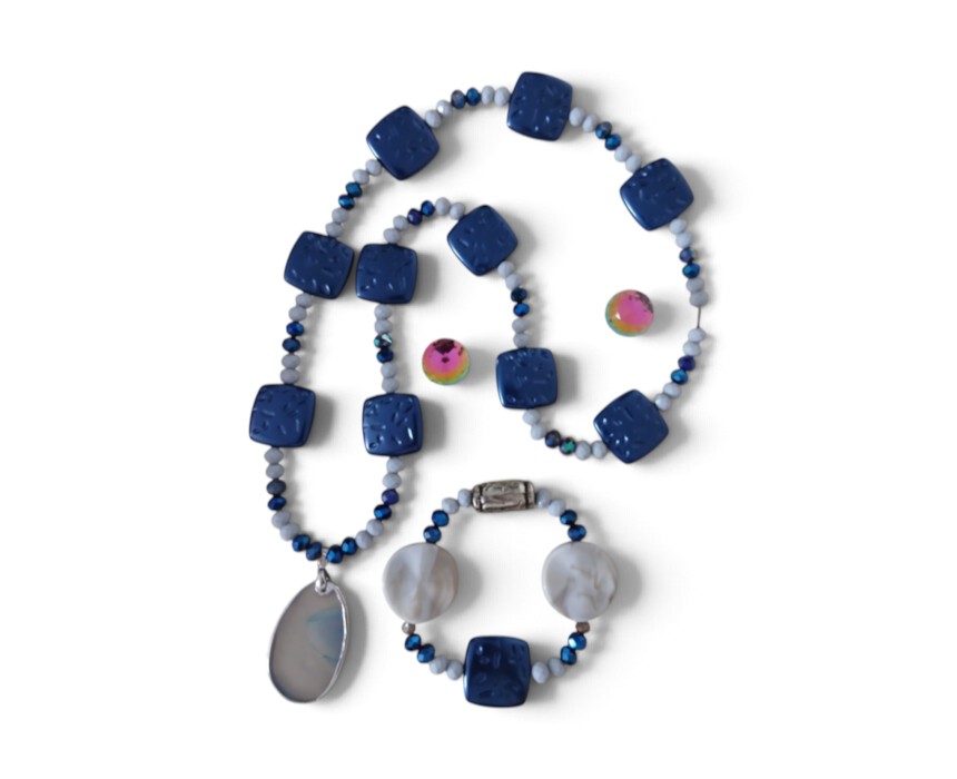 Navy Blue & Grey Handmade Necklace and Bracelet Set