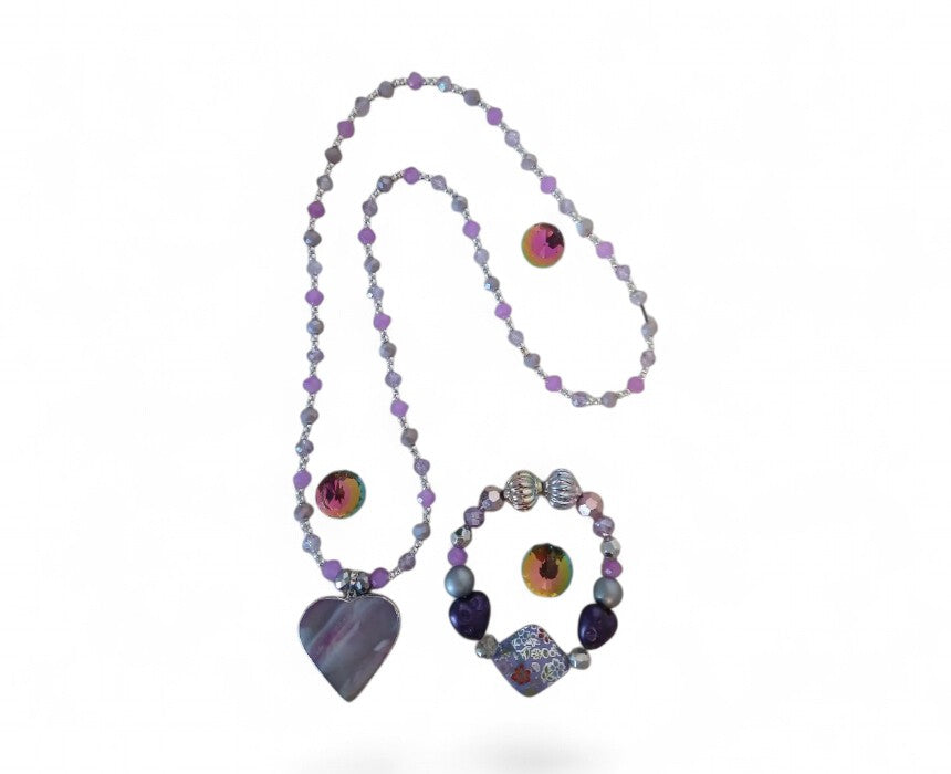 Purple Gray Handmade Necklace Bracelet Set