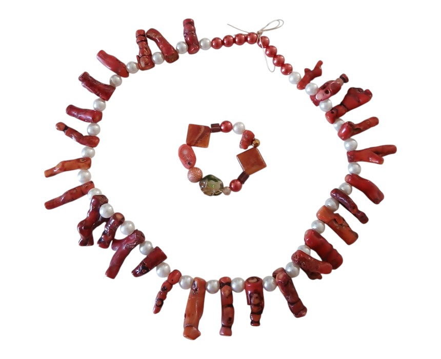 Handmade Garnet Pearl Necklace And Bracelet Set
