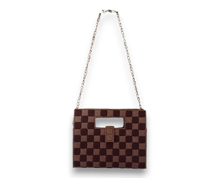 Brown and Pinkish Beige Checkerboard Canva Shoulder Handbag