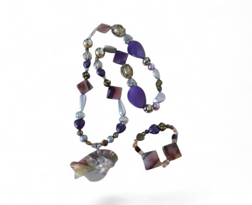 Purple Pearl Necklace and Bracelet Handmade Set