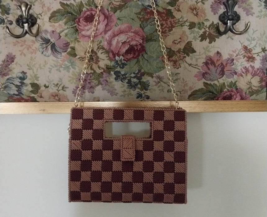 Brown and Pinkish Beige Checkerboard Canva Shoulder Handbag