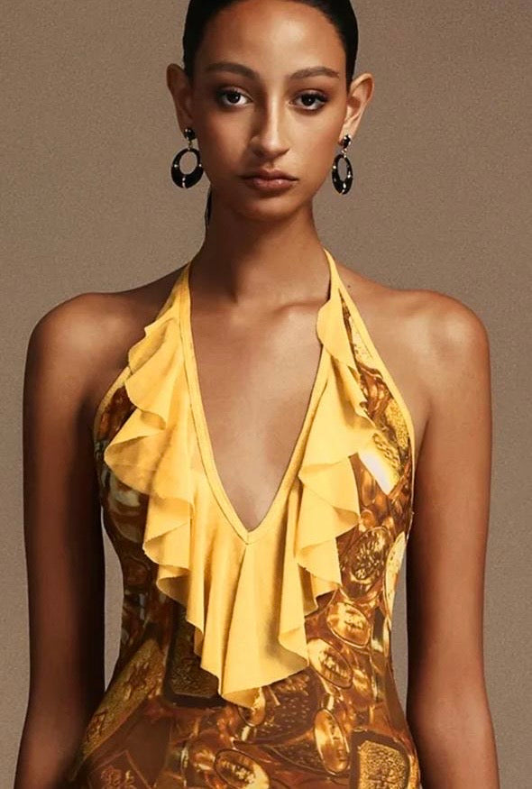 Uri Halter Sleeveless Flounce Maxi Dress