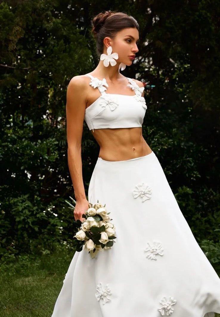 Pure White Flower Long Crepe Skirt