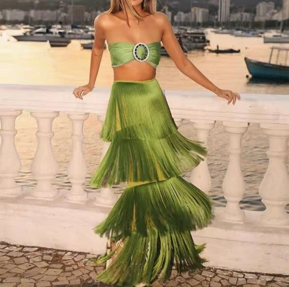 Elite Collection Green Tassel Skirt