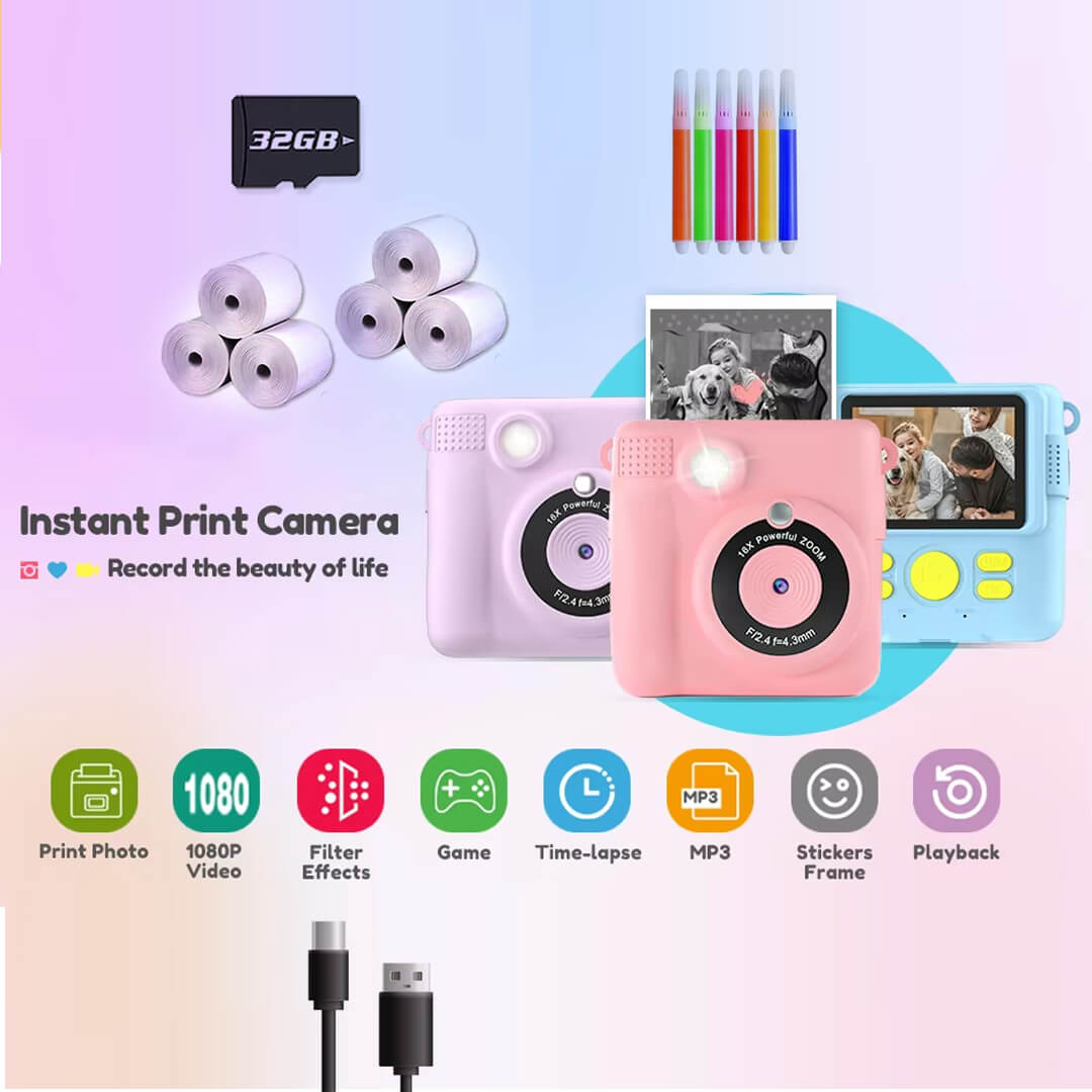 Kids Instant Camera With Video 32GB Card And 6 Paper Rolls