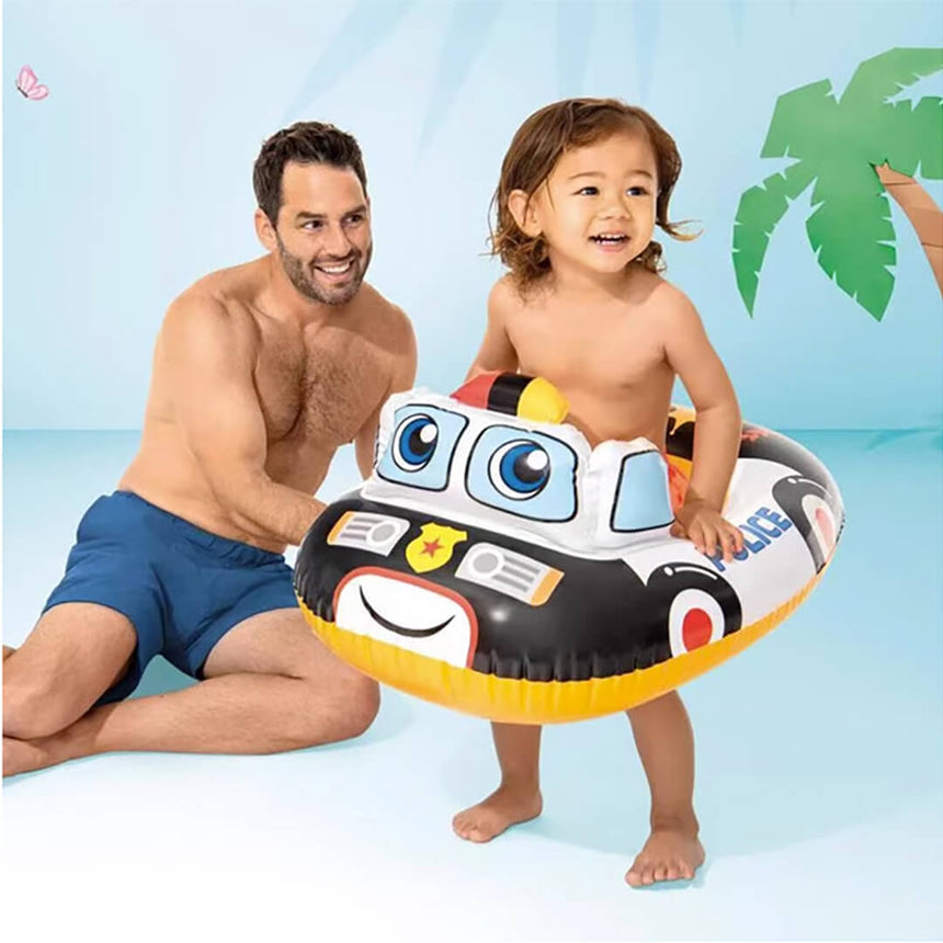A 3 years old boy wearing Intex police car inflatable float