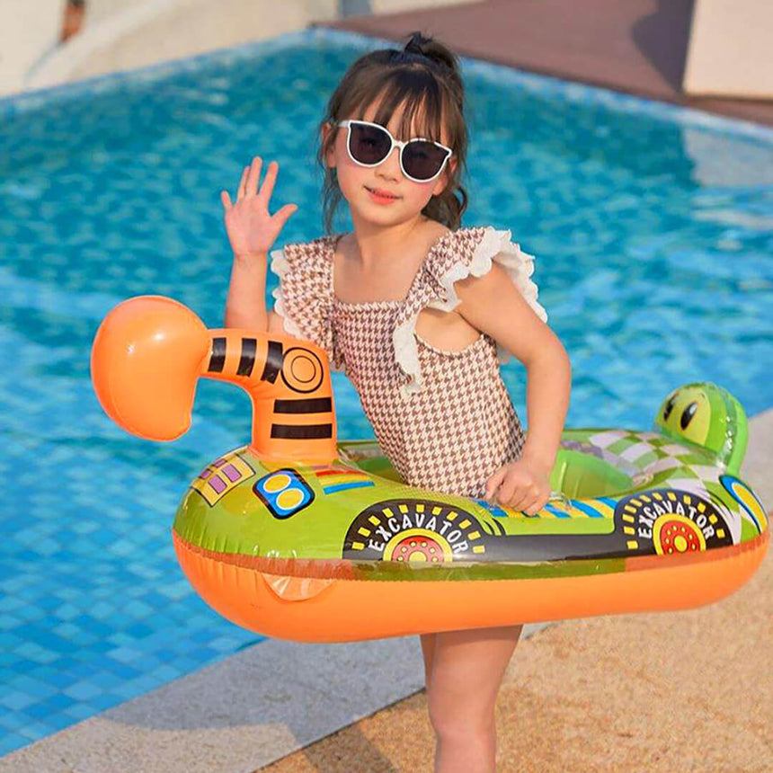 Girls wearing intex inflatable excavator float