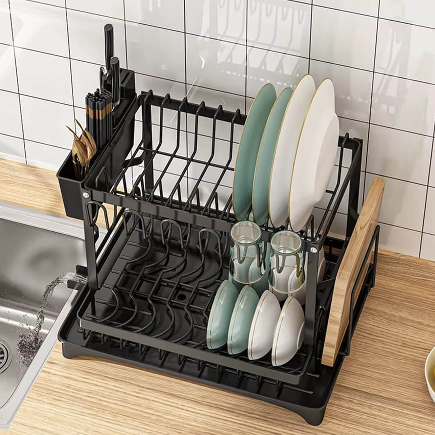 Double-layer iron dish drying rack with cutlery holder