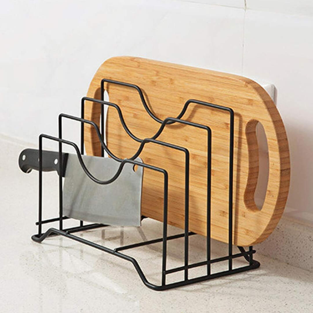 Metal cutting board organizer rack for kitchen countertop