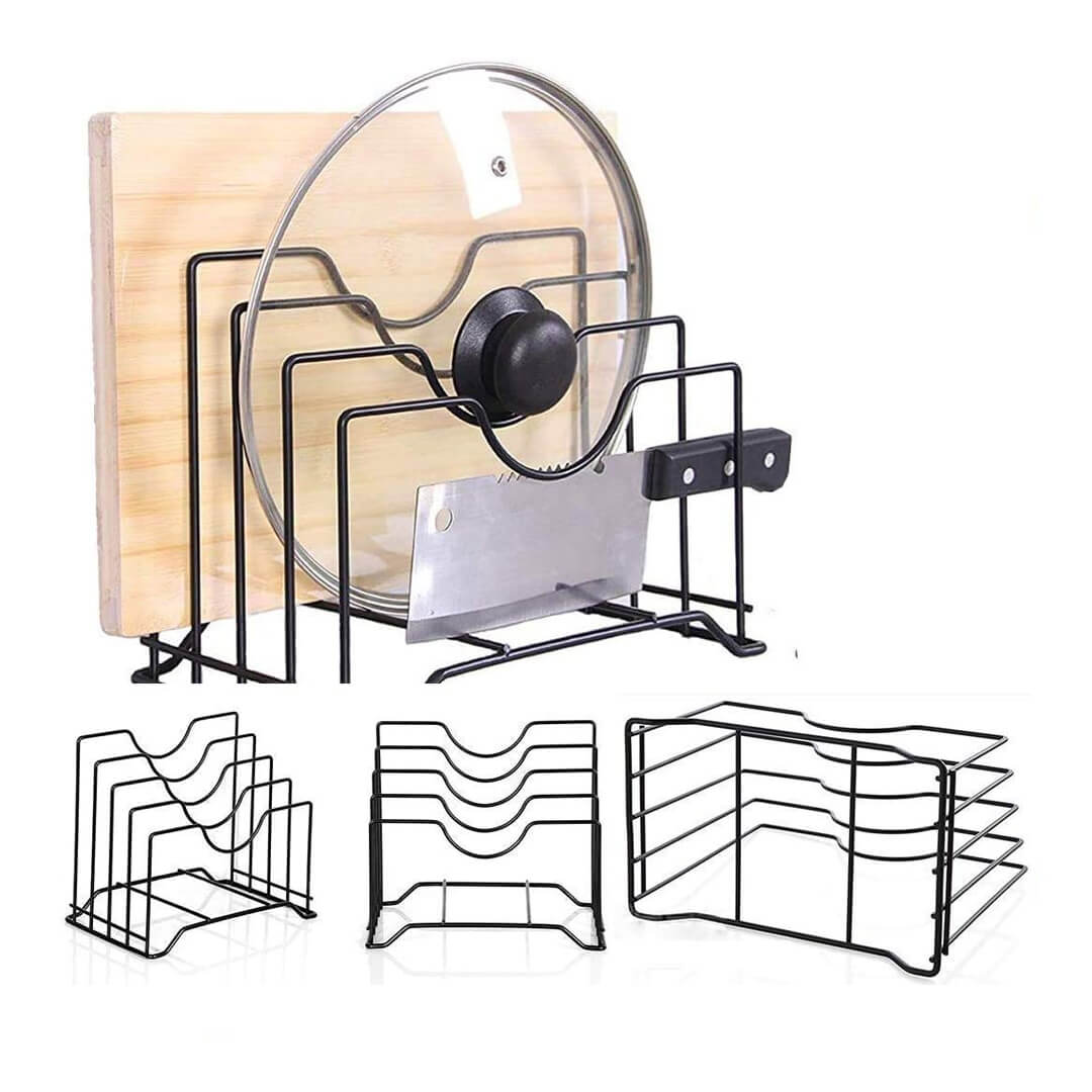 Iron cutting board holder and pot lid organizer rack for kitchen
