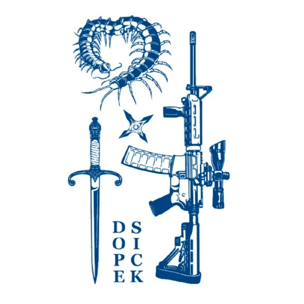 tattoo set with weapon rifle shuriken centipede sword and the words dope and sick 