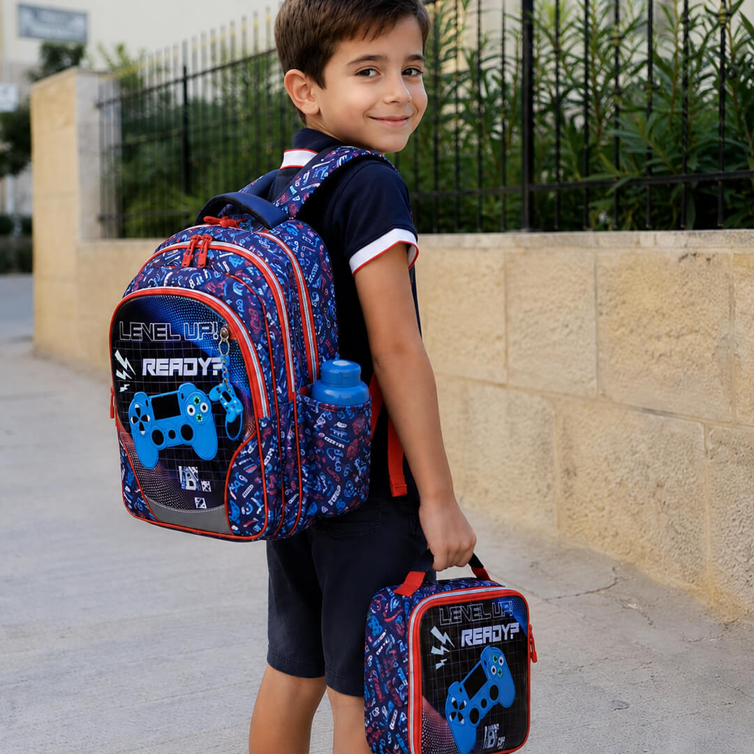 School backpack with PlayStation and gaming theme in blue and red for boys in grade 1 to 4