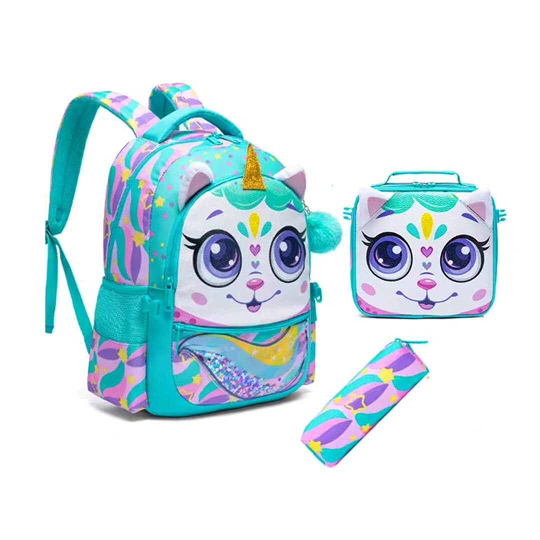 Jasminstar 3-piece unicorn backpack set in teal and pastel colors