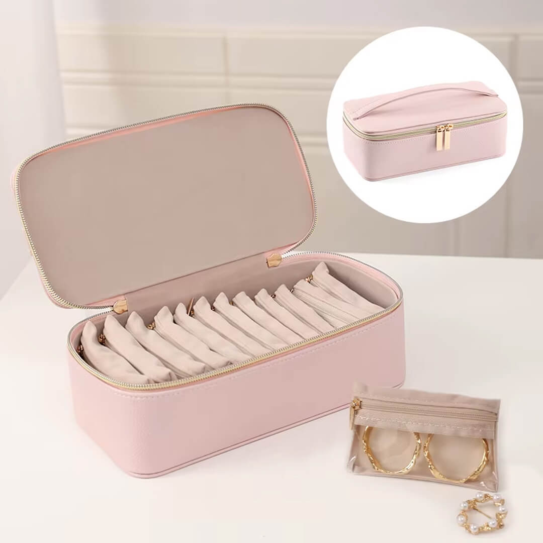 Portable jewelry organizer case with clear pouch storage