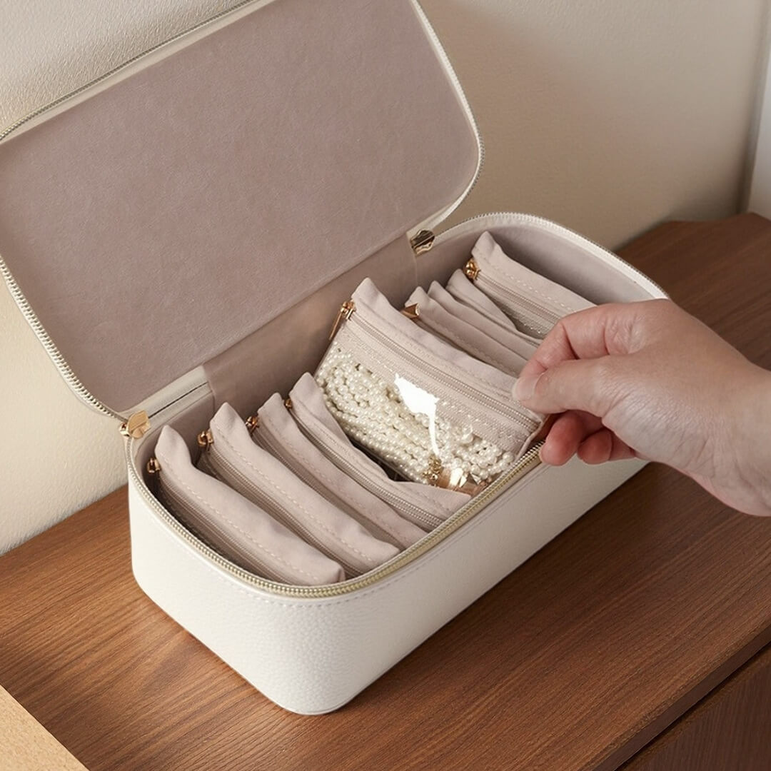PU leather travel jewelry case with multiple pouches