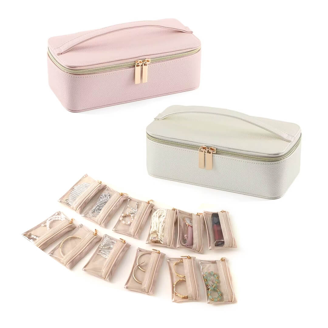 Travel jewelry organizer bag with 12 pouches and hard case