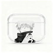 Clear air pod case with black and white illustration of a character on a white background