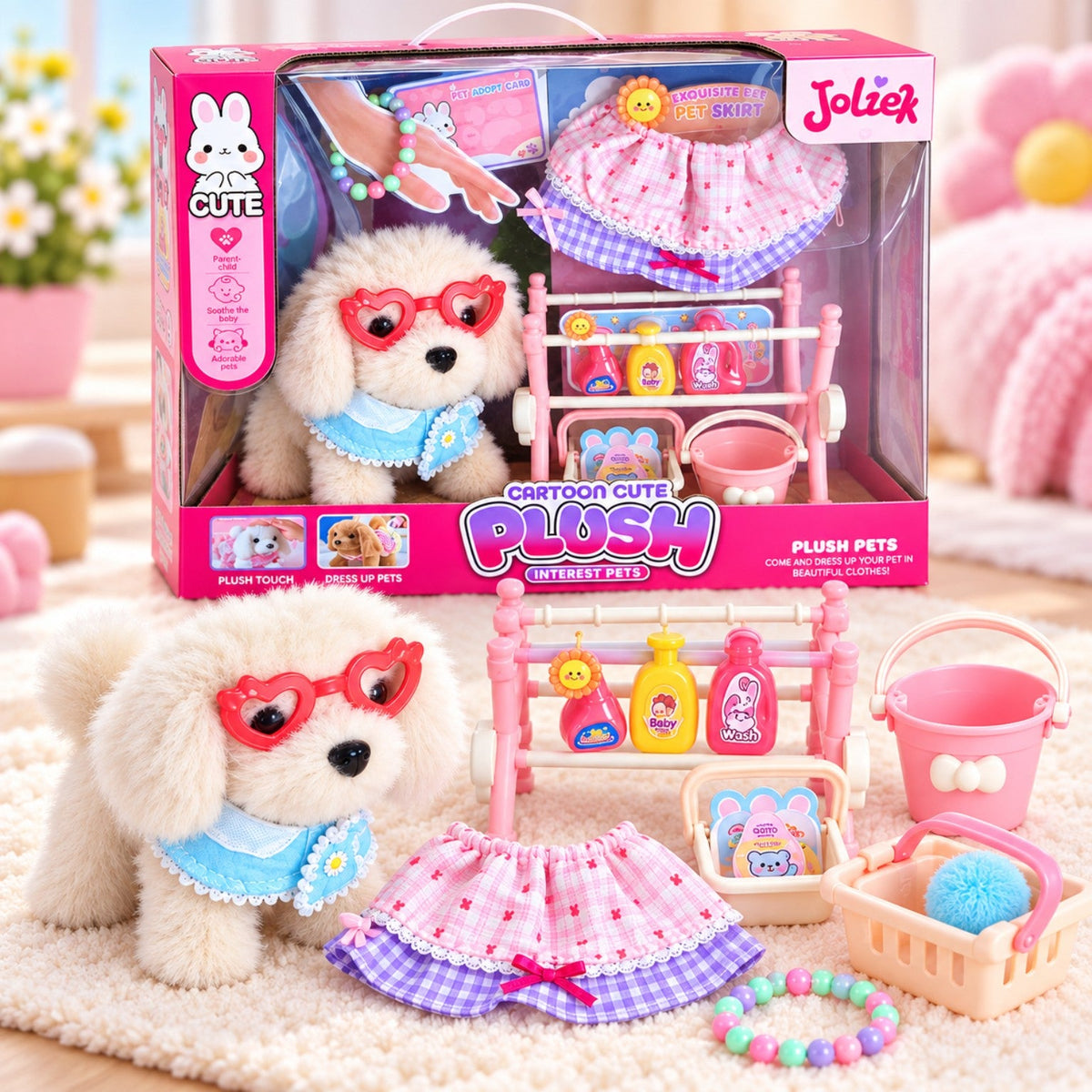 Joliek white puppy plush pet dress-up playset with box and accessories