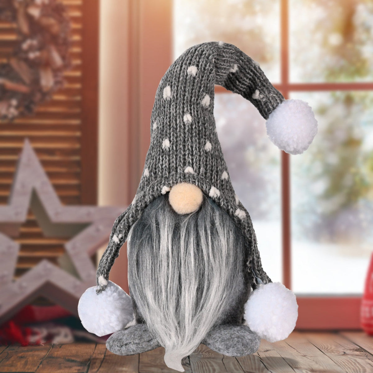 Grey knitted Christmas gnome 27 cm festive decoration