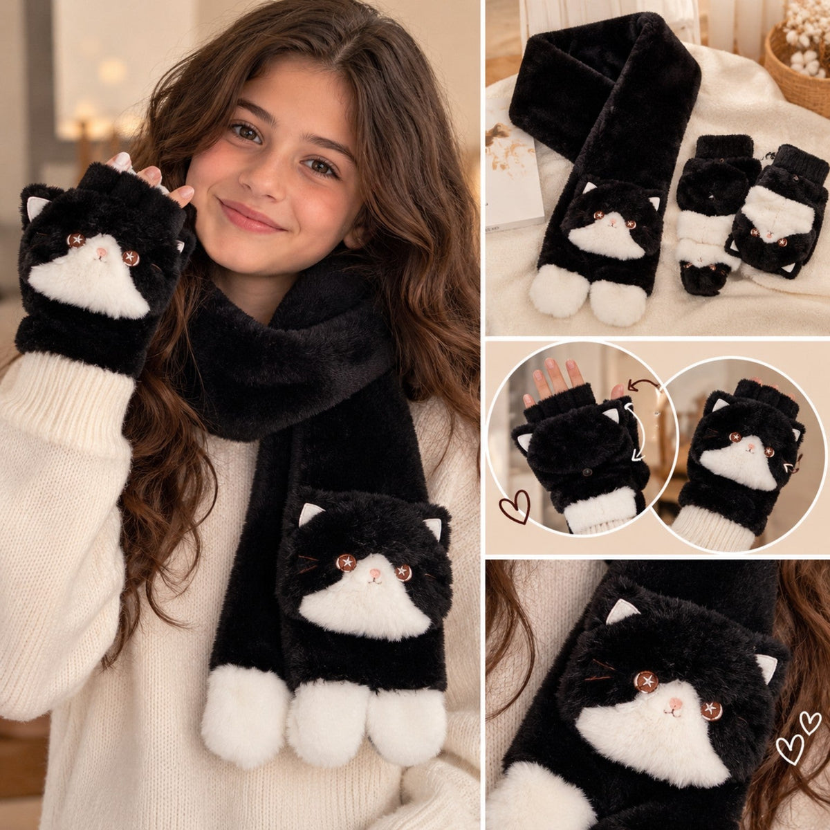 Black cat scarf and convertible mittens worn by girl, product overview and details