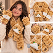 Ginger orange fluffy cat scarf and matching convertible mitten gloves set, worn by a girl and detail views