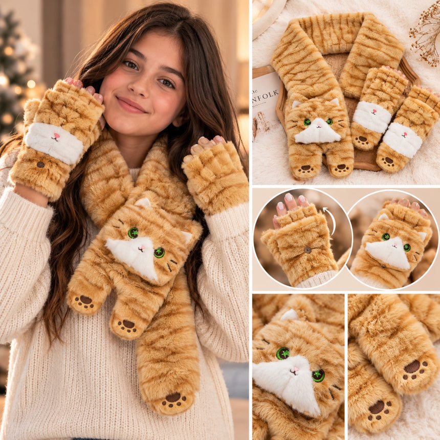 Ginger orange fluffy cat scarf and matching convertible mitten gloves set, worn by a girl and detail views