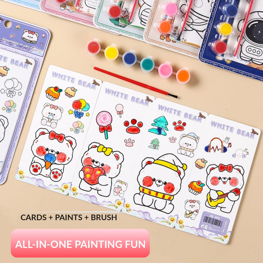 Kids watercolor painting set – illustrated coloring cards and paints