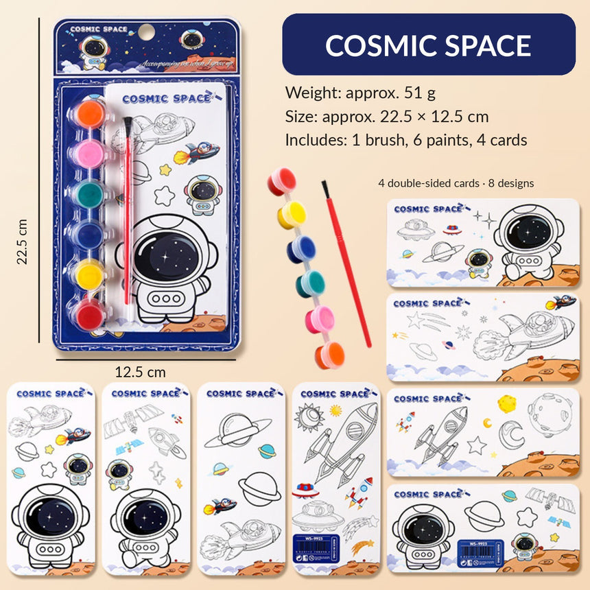 Cosmic Space coloring painting set – six paints and four double-sided cards