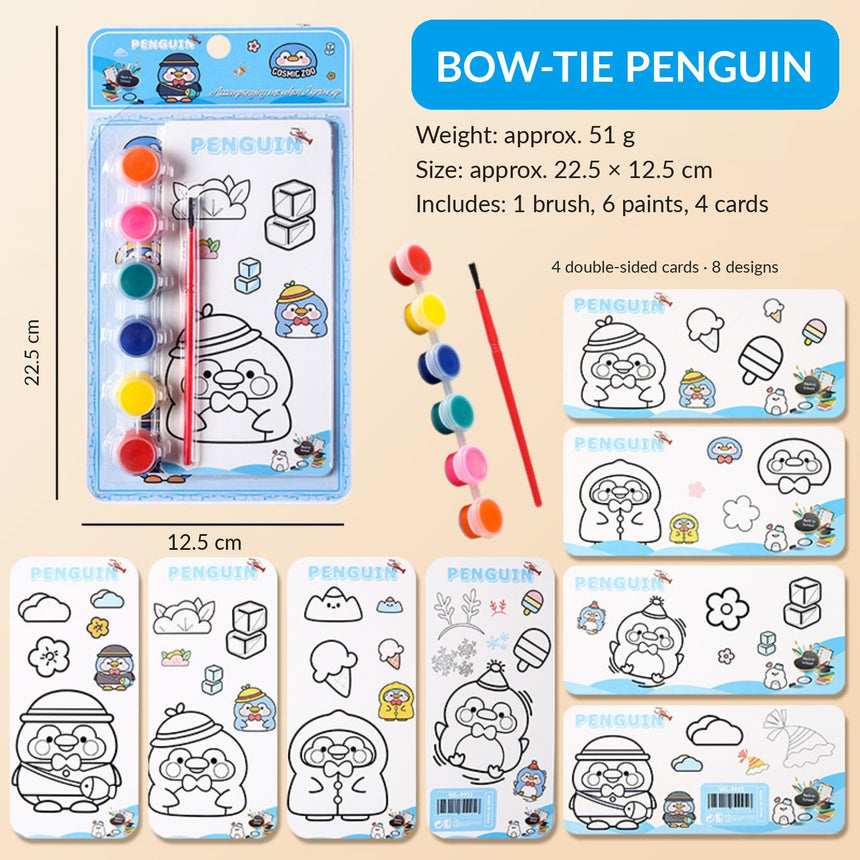 Bow-Tie Penguin coloring painting set – six paints and four double-sided cards